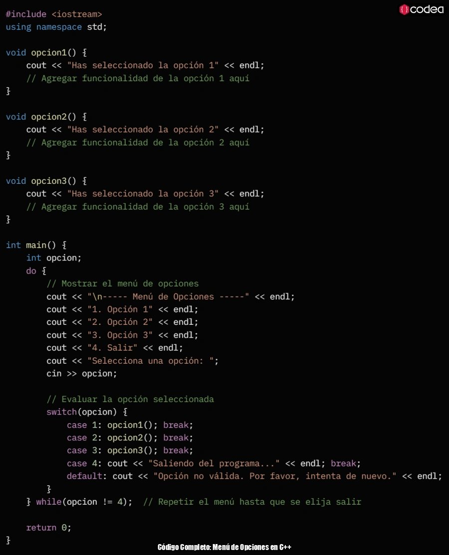 Código Completo: Menú de Opciones en C++