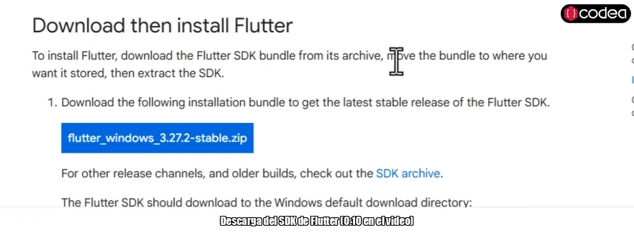 Descarga del SDK de Flutter (0:10 en el video)
