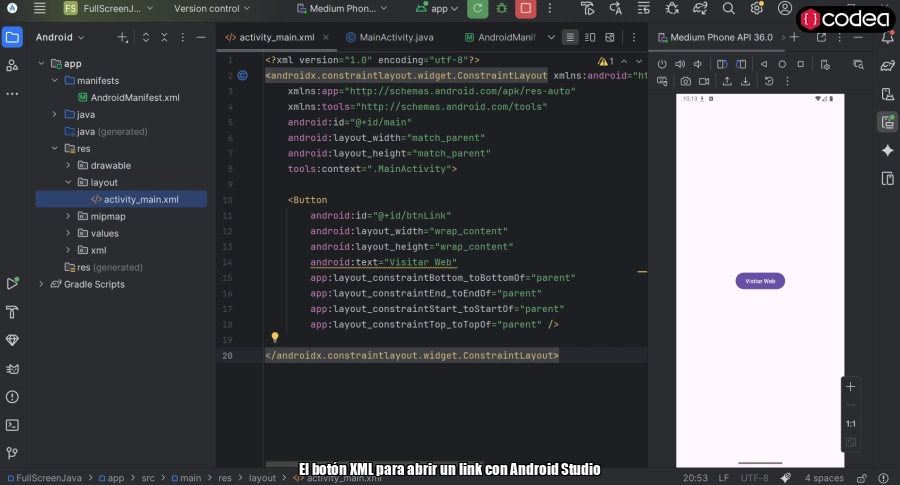 El botón XML para abrir un link con Android Studio