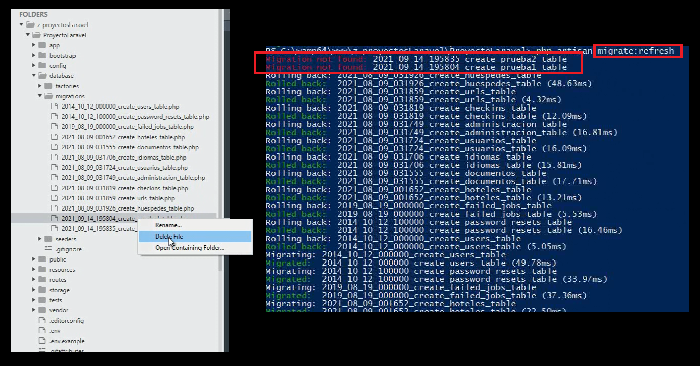 Ejemplo 2: Usando migrate:fresh – El Reset Radical Sin Rollback